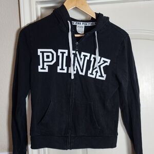 Victoria's Secret PINK Black Zip-Up Hoodie with White Lettering
